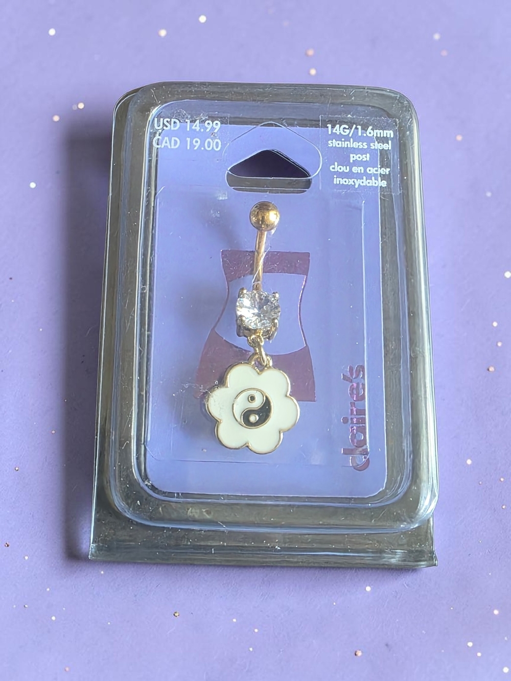 Claire’s Gold Yin Yang Flower Belly Button Ring 14G NWT